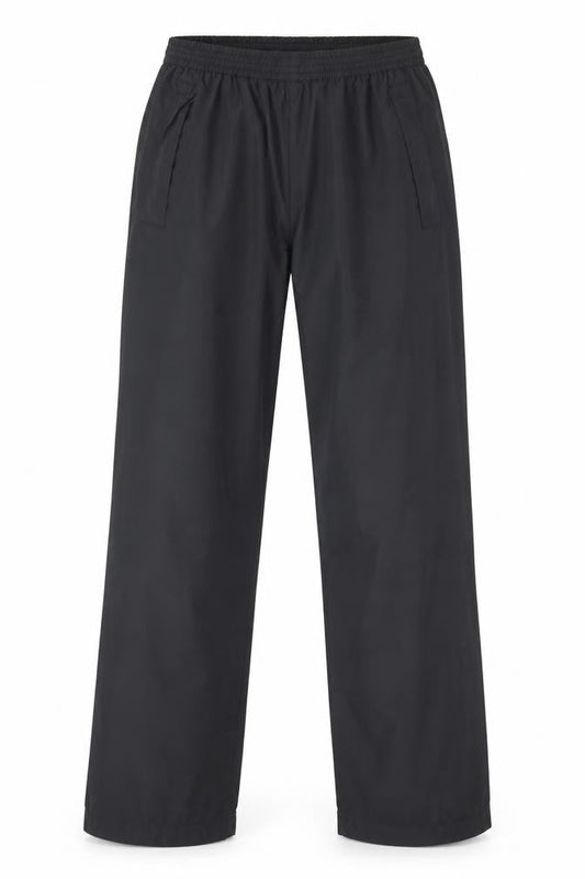 Front view of Oakmont men’s black rain trousers trousers, size 31, in, 29-inch leg