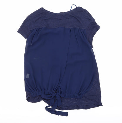 Back view of Zara women’s blue knit basic t-shirt, size S, - sheer back