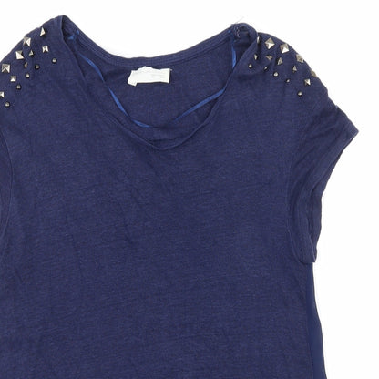 Close-up detail of Zara women’s blue knit basic t-shirt, size S, - sheer back