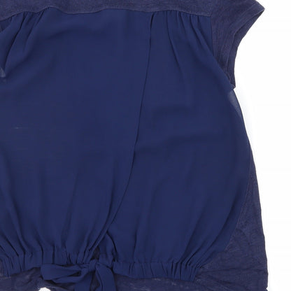 Brand and care label for Zara women’s blue knit basic t-shirt, size S, - sheer back