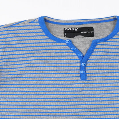 Close-up detail of Easy men’s grey striped jumper, size L