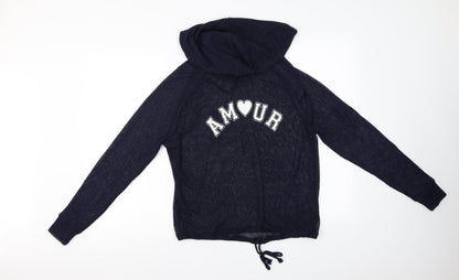 Front view of H&M women’s blue pullover hoodie, size M