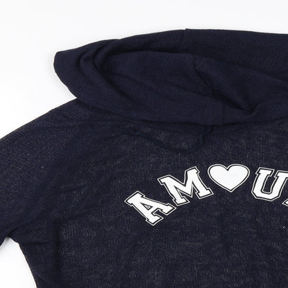 Close-up detail of H&M women’s blue pullover hoodie, size M