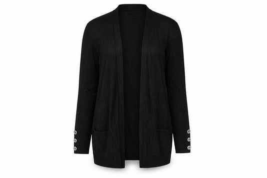 Front view of F&F women’s black cardigan jumper, size UK 8