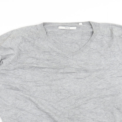 Close-up detail of Open men’s grey jumper, size XL