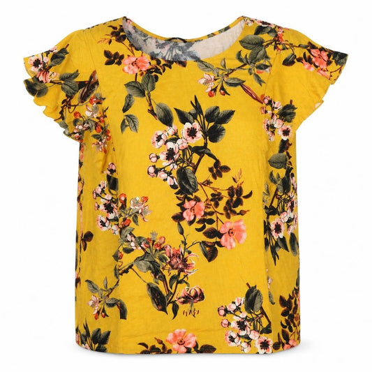 Front view of Belle Du Jour women’s yellow floral basic t-shirt, size XL