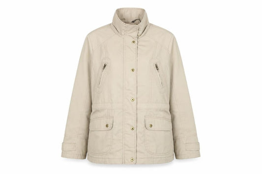 Front view of Bonmarché women’s beige jacket, size UK 12