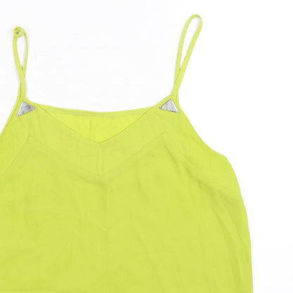 Close-up detail of Cameo Rose women’s green basic tank, size UK 10