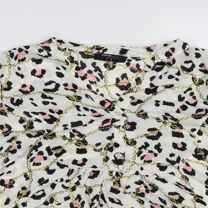 Close-up detail of Papaya women’s white animal print chiffon basic blouse, size UK 8