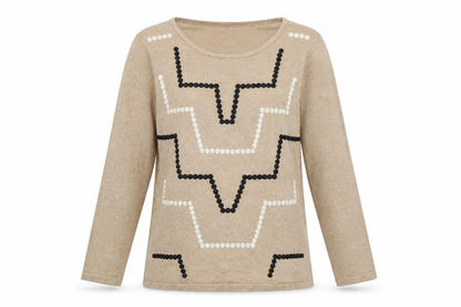 Front view of Country Casuals women’s brown geometric knit jumper, size S