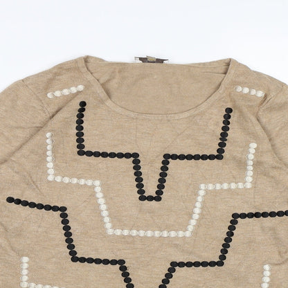 Close-up detail of Country Casuals women’s brown geometric knit jumper, size S