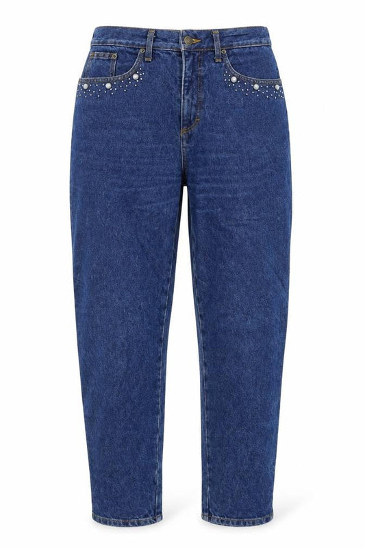 Front view of studebaker women’s blue straight jeans, size UK 34, in, 30-inch leg