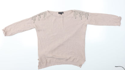 Additional front view of Warehouse women’s pink jumper, size M, - studs on sholder