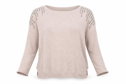 Front view of Warehouse women’s pink jumper, size M, - studs on sholder