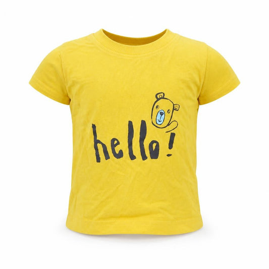 Front view of Nutmeg boys’ yellow basic t-shirt, size 6-9, months - hello