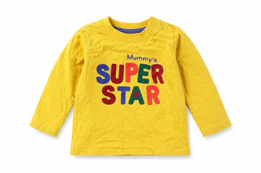 Front view of Primark Baby Yellow Basic T-Shirt, size 6-9, Months - mummy's superstar