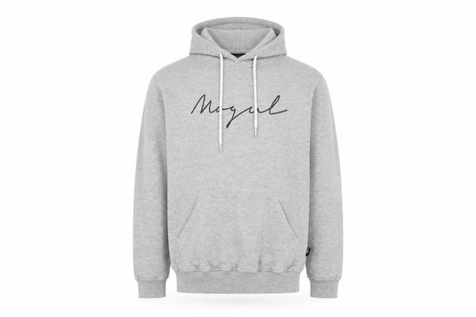 Front view of Mogul men’s grey pullover hoodie, size S
