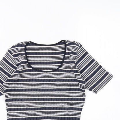Close-up detail of St Michael women’s blue striped basic blouse, size UK 12