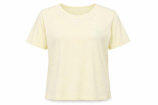 Front view of FL COLLECTION women’s yellow basic t-shirt, size XL