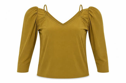 Front view of River Island women’s gold basic blouse, size UK 10