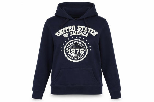 Front view of relax denim women’s blue pullover hoodie, size UK 8, - usa