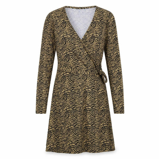 Front view of Miss Selfridge women’s brown animal print wrap dress, size UK 6, - zebra print