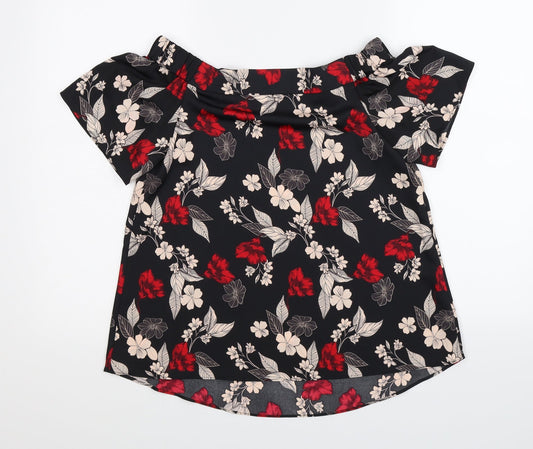 George Womens Black Floral Satin Basic Blouse Size 8