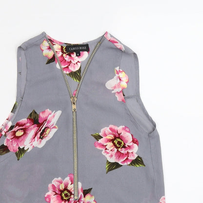 Close-up detail of Cameo Rose women’s grey floral basic blouse, size UK 6