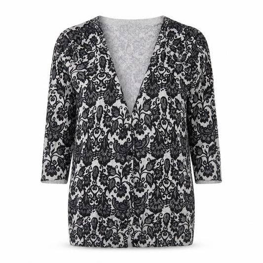 Front view of Warehouse women’s grey floral knit cardigan jumper, size UK 10