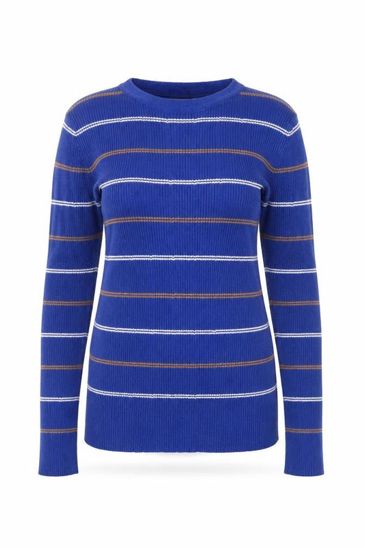 Front view of Mango women’s blue striped knit jumper, size S