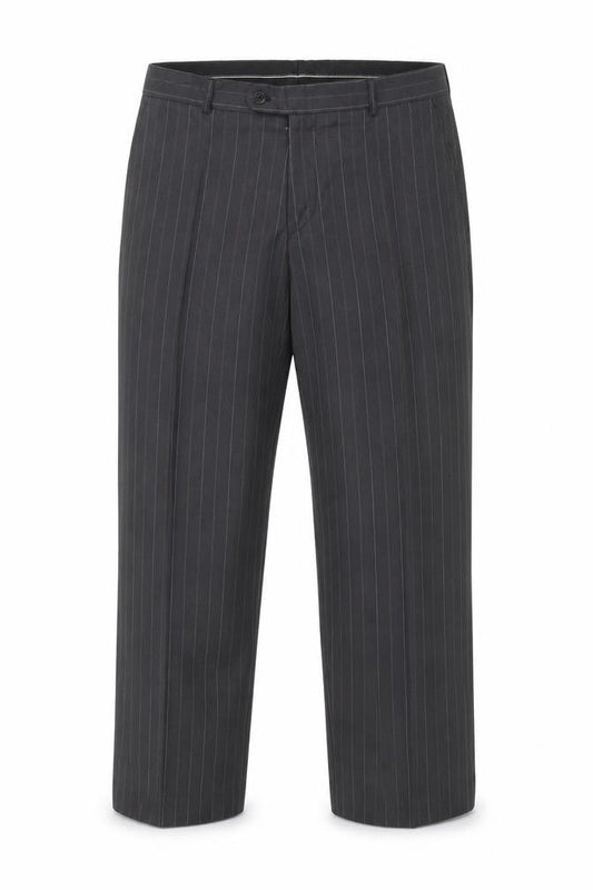 Front view of Preworn men’s grey striped trousers, size 36, in, 29-inch leg