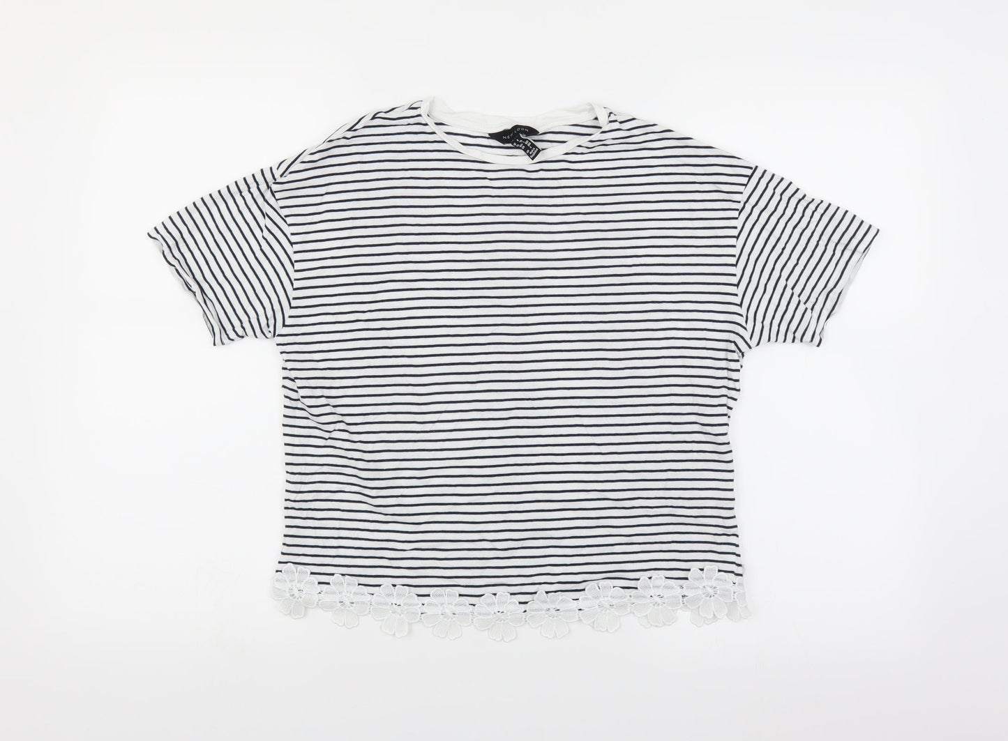 New Look Womens White Striped  Basic T-Shirt Size 6  - floral hem