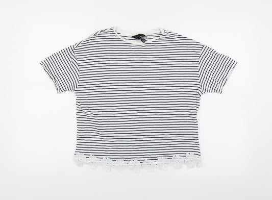 New Look Womens White Striped  Basic T-Shirt Size 6  - floral hem