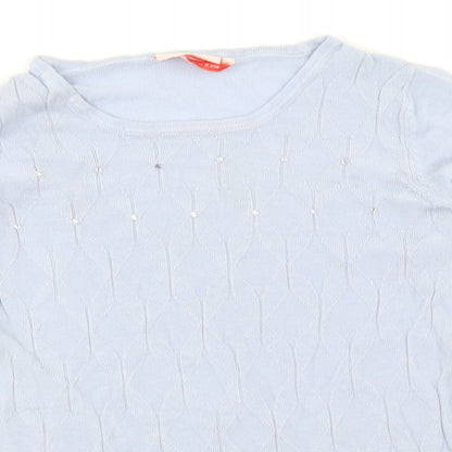 Close-up detail of Millers women’s blue argyle/diamond jumper, size S