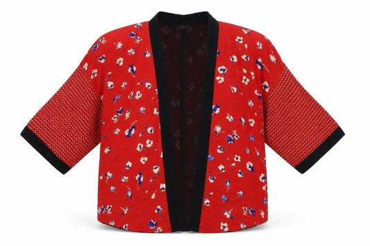 Front view of F&F women’s red floral cardigan jumper, size UK 6