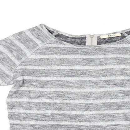 Close-up detail of Oasis women’s grey striped basic t-shirt, size S