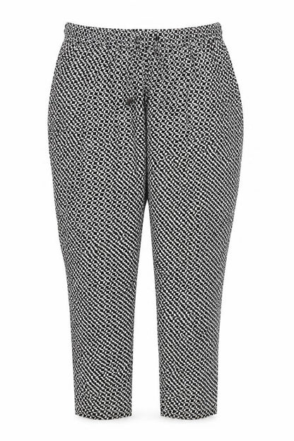 Front view of Debenhams women’s black geometric trousers, size UK 12, 27-inch leg