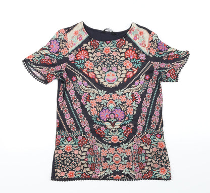 Additional front view of Preworn women’s black floral basic t-shirt, size UK 6