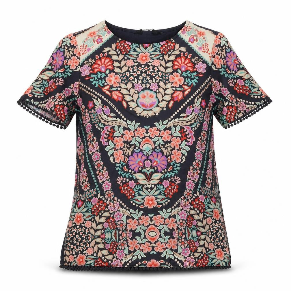Preworn Womens Black Floral  Basic T-Shirt Size 6