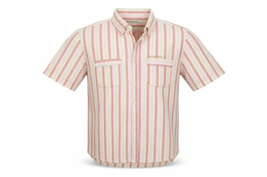 Front view of Duck and Cover men’s pink striped button-up, size L