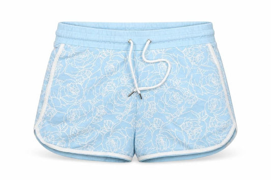 Front view of ASOS women’s blue floral hot pants shorts, size M