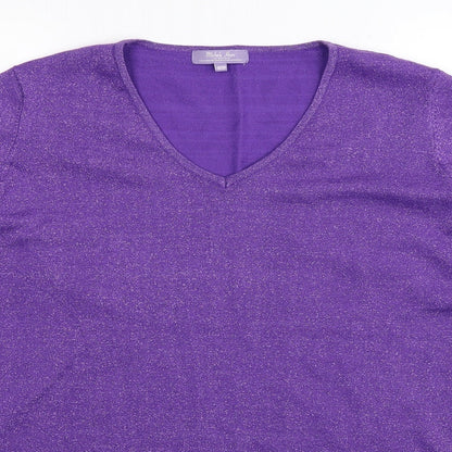 Close-up detail of Michele Hope women’s purple jumper, size UK 20