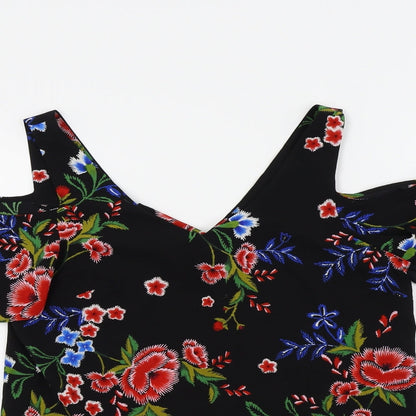 Close-up detail of Peacocks women’s black floral basic blouse, size UK 8