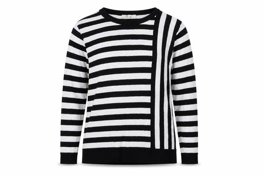 Front view of Peacocks women’s black striped jumper, size UK 8