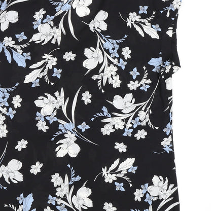 Brand and care label for Worthington women’s black floral chiffon basic blouse, size S