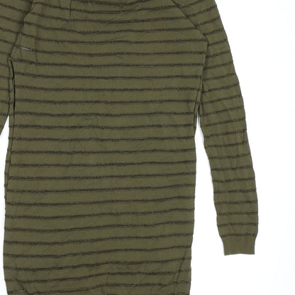 Brand and care label for Missguided women’s green striped knit jumper, size UK 10