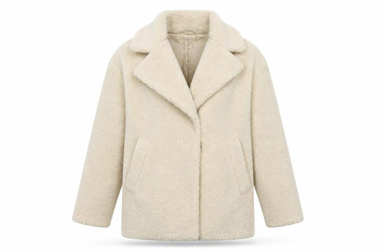 Front view of H&M women’s white windbreaker coat, size S, - sheep skin look