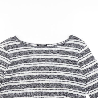 Close-up detail of Papaya women’s black striped jumper, size UK 12