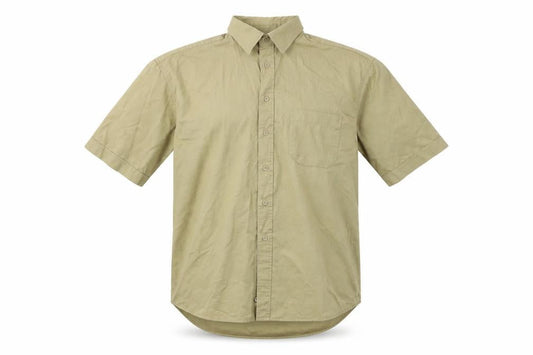 Front view of District men’s beige button-up, size L