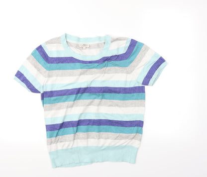 Additional front view of Petite women’s blue striped basic tank, size L, - bow detail